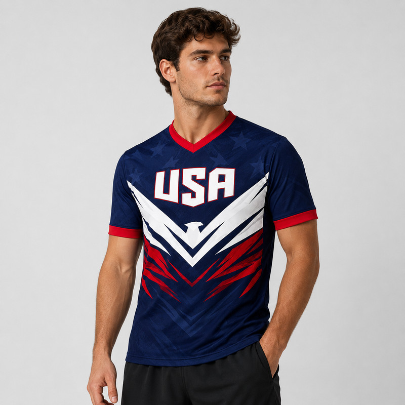 USA Patriotic Soccer Jersey V Neck Personalized Name Number Red White Blue Shirt gallery