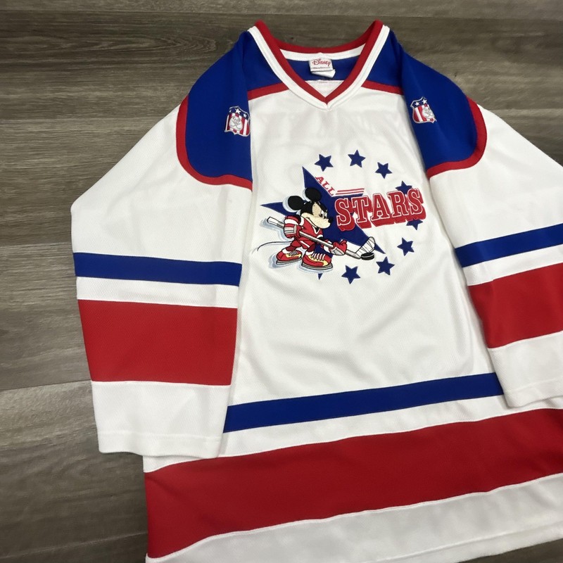 Vintage Disney Hockey Jersey Mens Large White Mickey Mouse All Stars Red 90s USA gallery