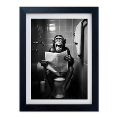 Framed Black and White Animal Bathroom Wall Art Monkey Reading Newspaper Toilet