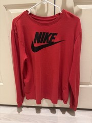 Nike Long Sleeve Red T Shirt With Black Nike Logo And Swoosh. 100% Cotton Large