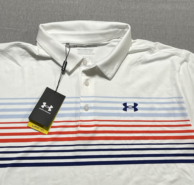 Under Armor Golf Polo Red White Blue Striped Men's 2XL Shirt UPF 40 Sun Protect gallery