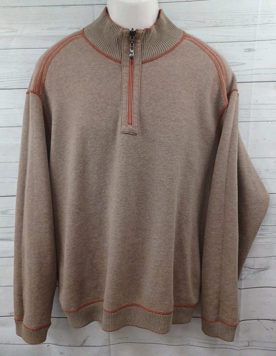 Tommy Bahama Men Orange Rust Brown Crochet Sweater Jacket Henley 1/4 Zip Sz XL gallery