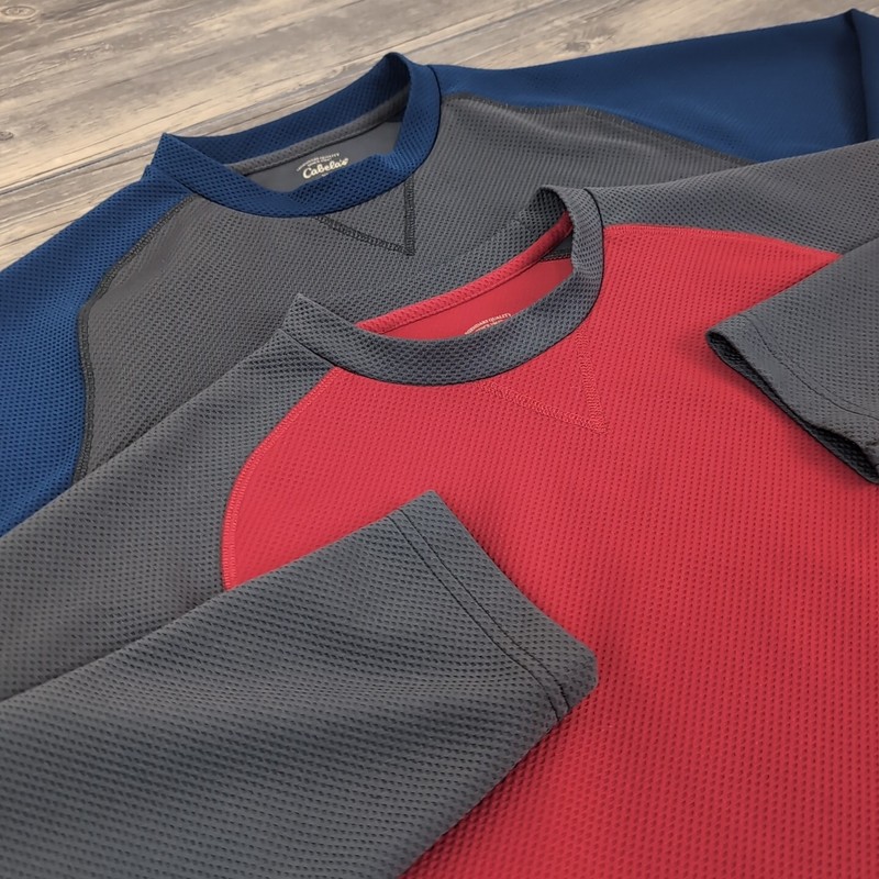 2 CABELA'S Mens XL Long Sleeve Pullover Shirt Wick Advance Mesh Waffle Blue Red gallery