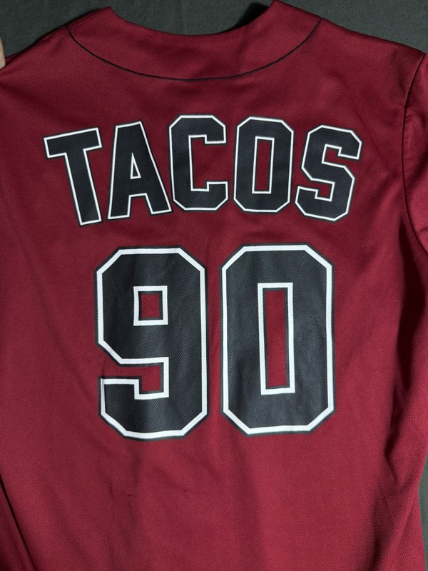 Marvel Deadpool Baseball Jersey Tacos L #90 Red Black Button Up Large gallery