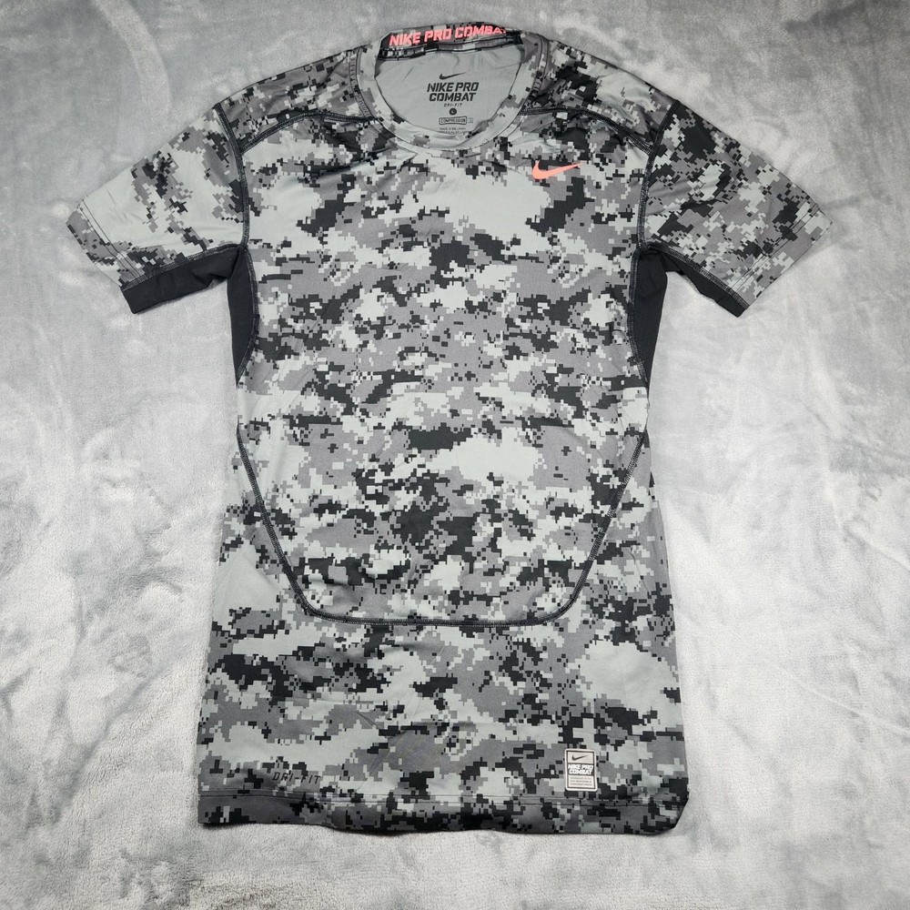 NIKE Pro Combat Shirt Men's Large Gray Black Digital Camo Dri-Fit Compression