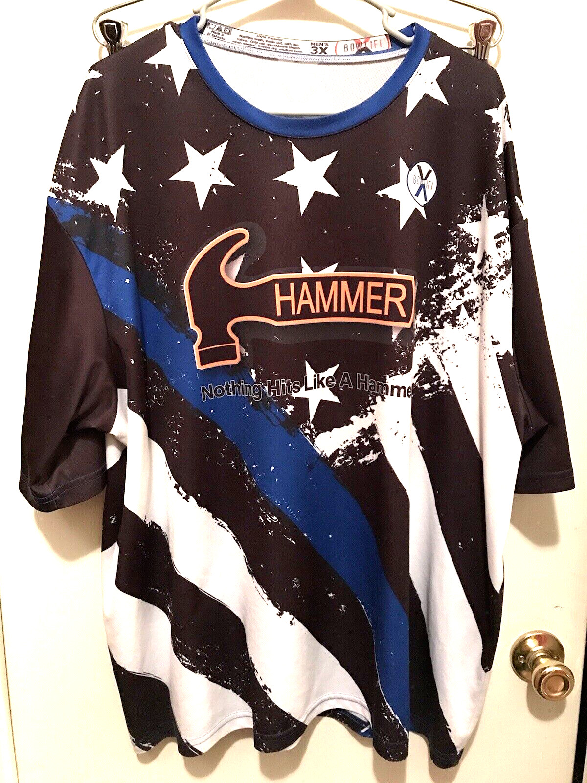 Bowlifi "Nothing Hits Like A Hammer" Wallace Shirt Black Blue Orange & Stars 3X gallery