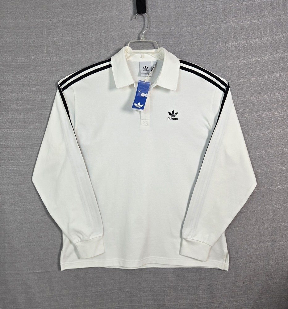 Adidas Rugby Polo Shirt XL Mens White Black Trefoil Logo Long Sleeve Originals