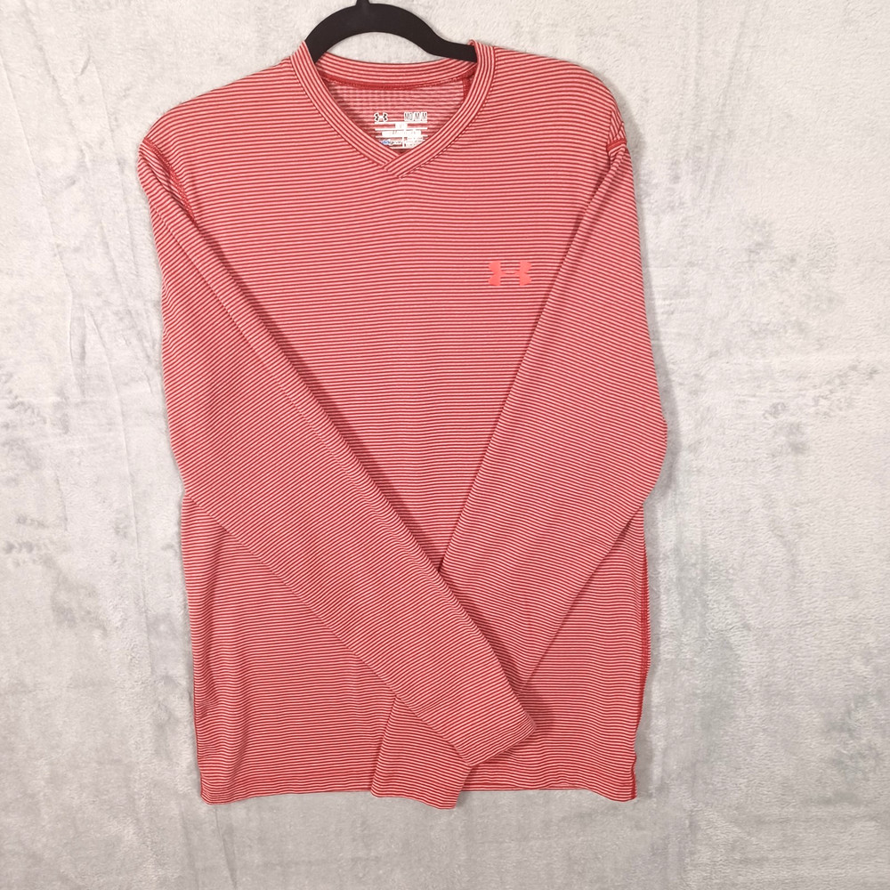 Under Armour Size MEDIUM RED Stripe Fitted Cold Gear Long Sleeve V-Neck