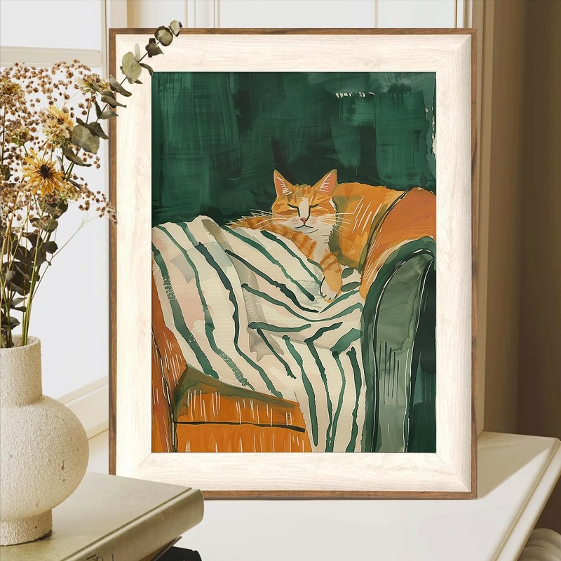 ASTRDECOR Minimalist Framed Wall Art - Cozy Cat Sleeping on Couch with Vintage G gallery