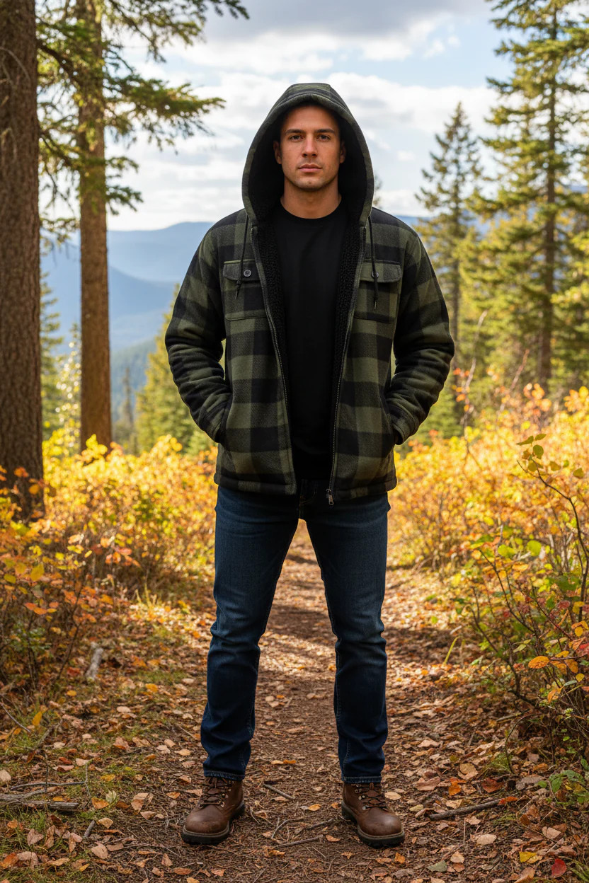 olive green & black buffalo plaid sherpa-lined hooded jacket size medium gallery