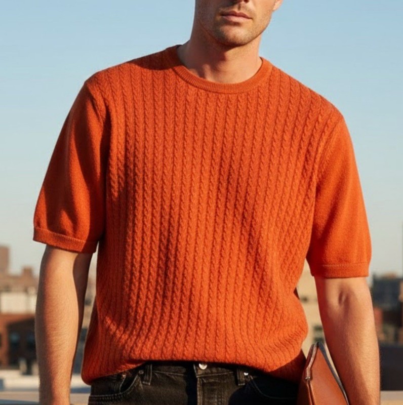 Vesbul Turkish Brand Men's XXL Orange Cable Knit Short Sleeve Sweater Rare gallery