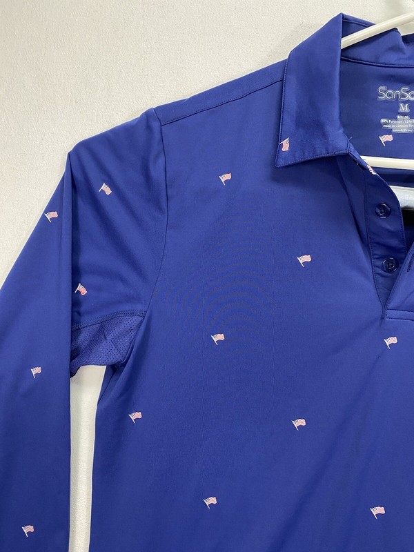 San Soleil Men's M Navy Long Sleeve Vented UV50 Polo Shirt Shamrock 1894 US Flag gallery