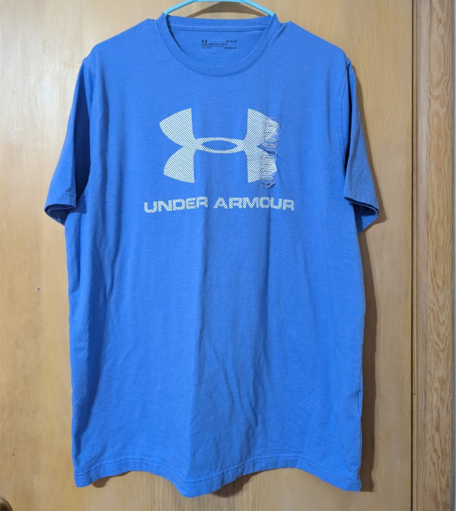 Under Armour HeatGear Mens L Blue Loose Fit Graphic Logo T-Shirt Poly Crew