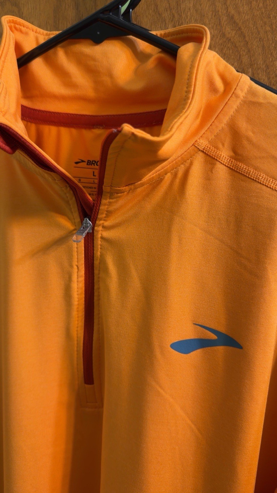 Brooks Mens Large 1/4 Zip Running Pullover Orange Long Sleeve Thumb Holes gallery