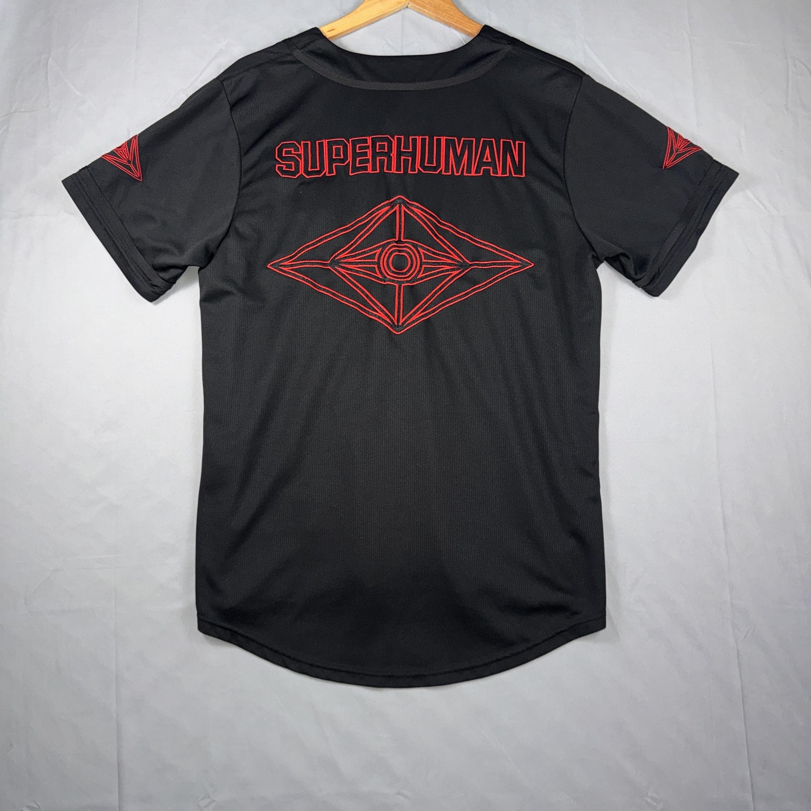 Slander Baseball Jersey Mens Medium Black Superhuman Button Front Graphic Shirt gallery
