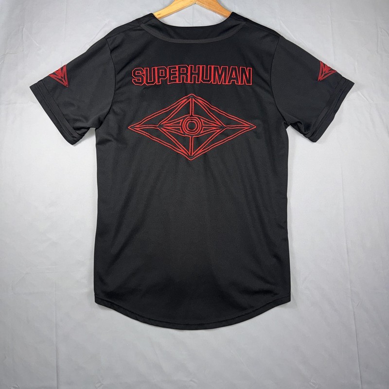 Slander Baseball Jersey Mens Medium Black Superhuman Button Front Graphic Shirt gallery