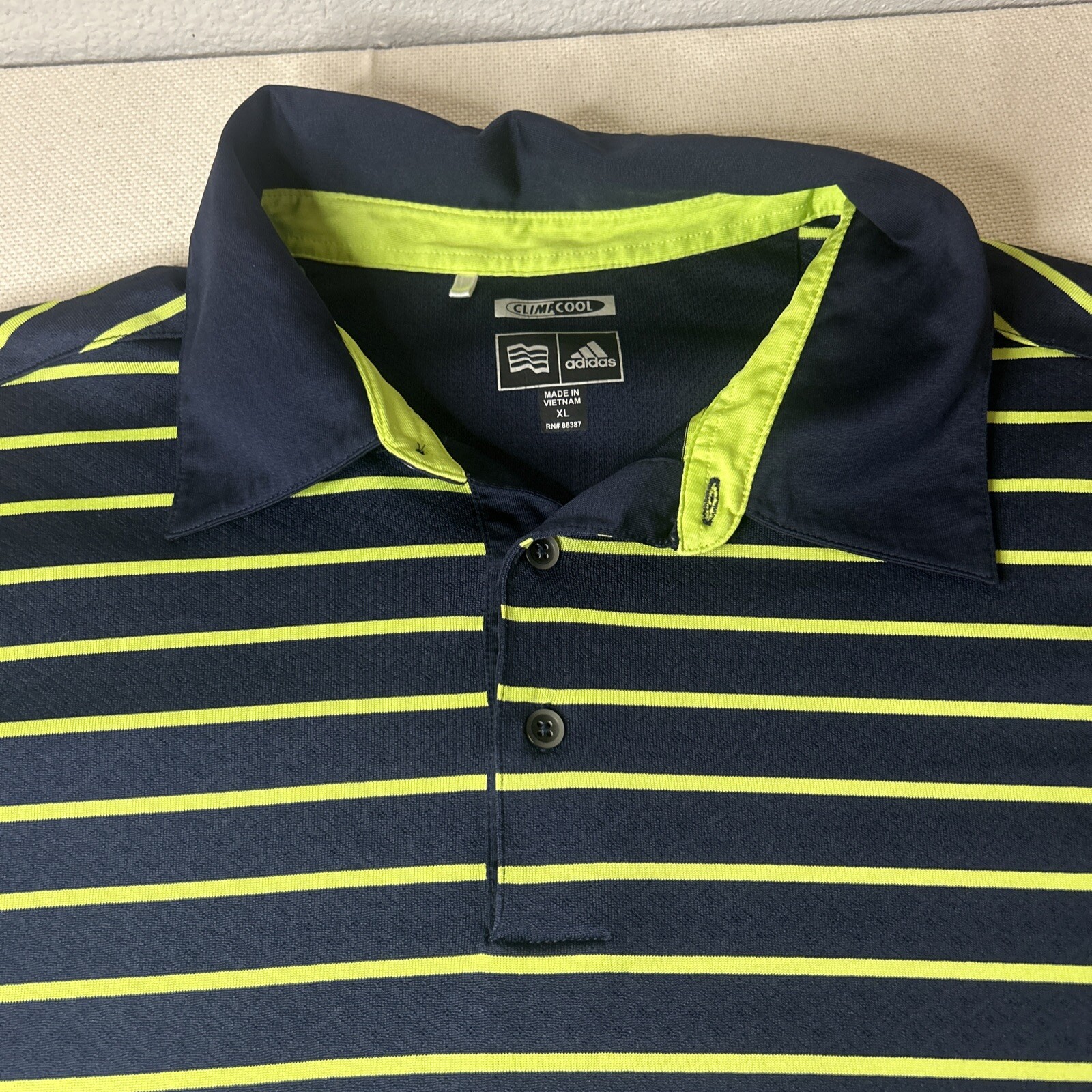 Adidas ClimaCool navy blue and neon green Striped 3 Button Polo Shirt Men's XL gallery