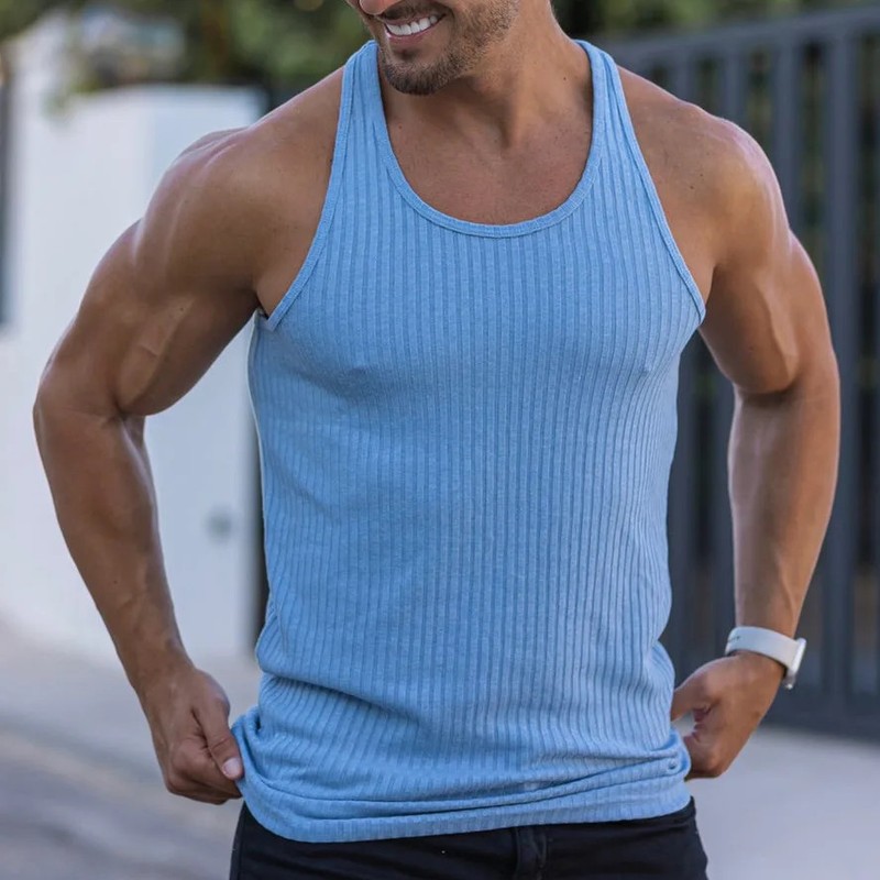 Large sleeveless men's summer mesh vertical stripe fitness sports casual slim fi gallery