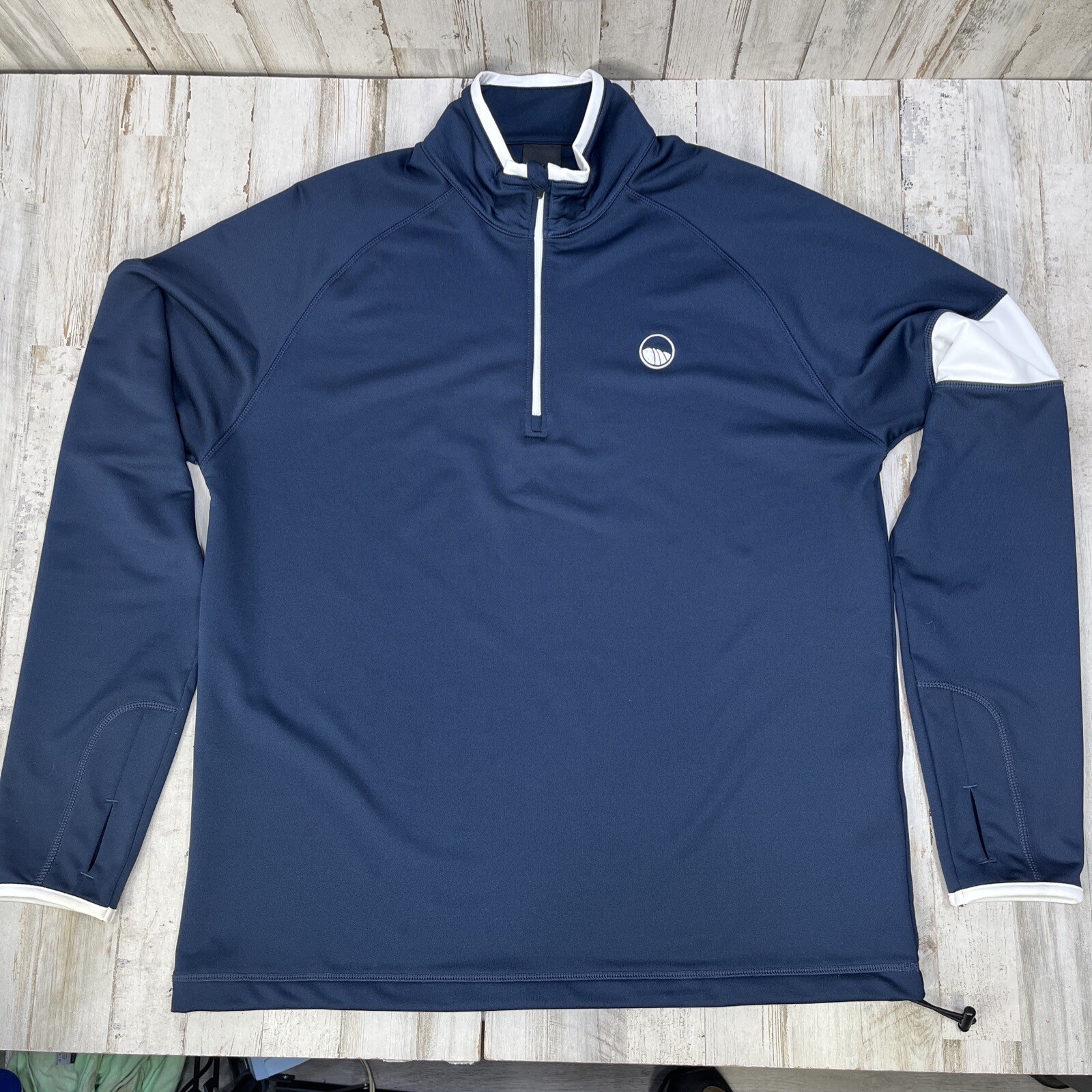 Dunning Golf Pullover 1/4 Zip Heathered Tour Blue Thumbholes Cuff Size M EUC gallery