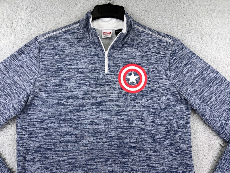 Captain America Sweater Mens Medium Blue Marvel 1/4 Zip Polyester Mock Neck gallery