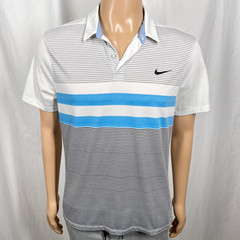 Nike Golf Men’s Large White Blue Striped Modern Dri-FIT Athletic Polo Shirt