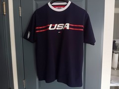 VTG 90s Y2K Tommy Hilfiger Athletics USA Flag Navy Blue Jersey Sz L Spellout