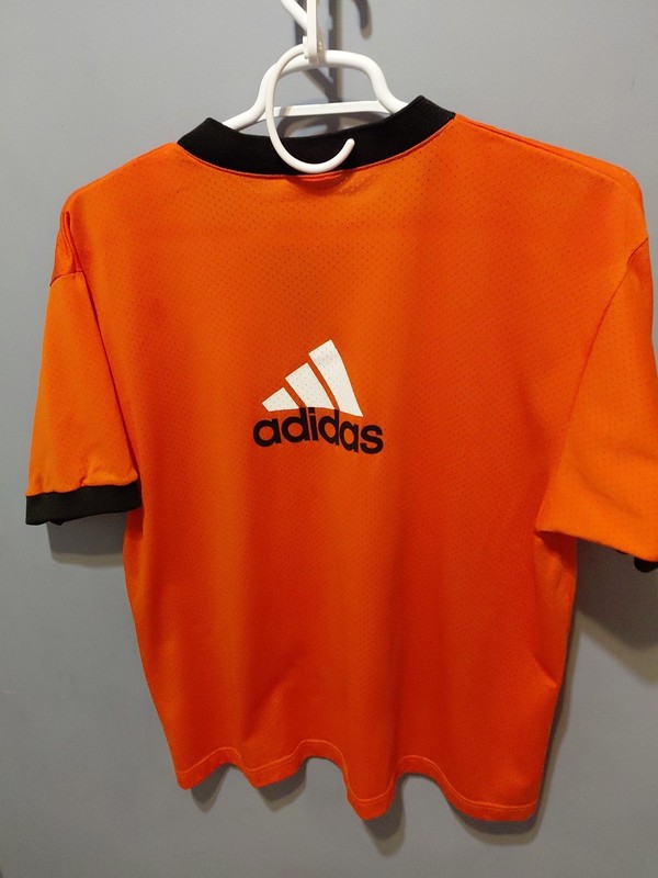 Vintage 90s Adidas Trefoil Mesh Jersey Shirt M Orange V Neck Big Logo Back NWOT gallery