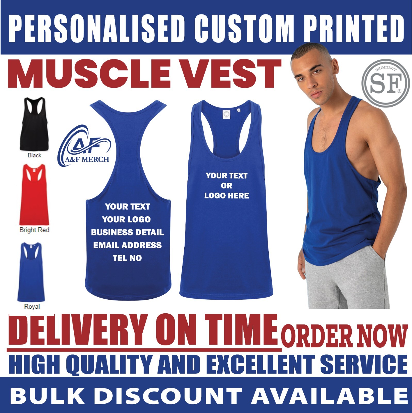 Personalised Custom SKINNIFIT Muscle vest Text Logo Plain Tank Gym Sports SF236 gallery