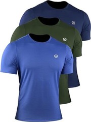 3 Pack Men’s Neleus Running Athletic Shirts Short Sleeve Blue Navy Green L