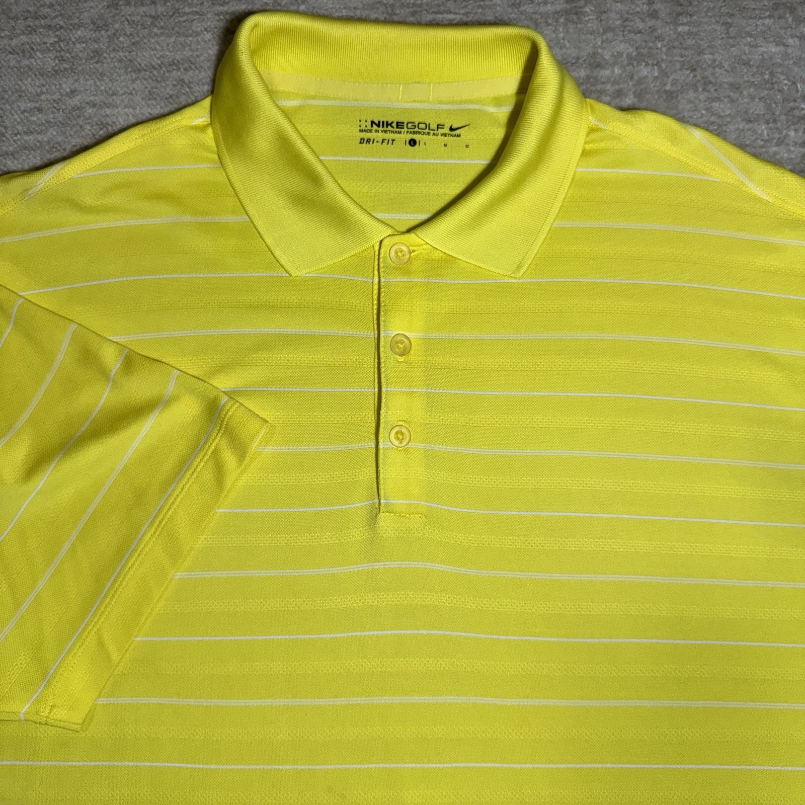 NIKE GOLF DRI FIT TOUR PERFORMANCE Yellow Striped Polyester Polo Swoosh Men L gallery