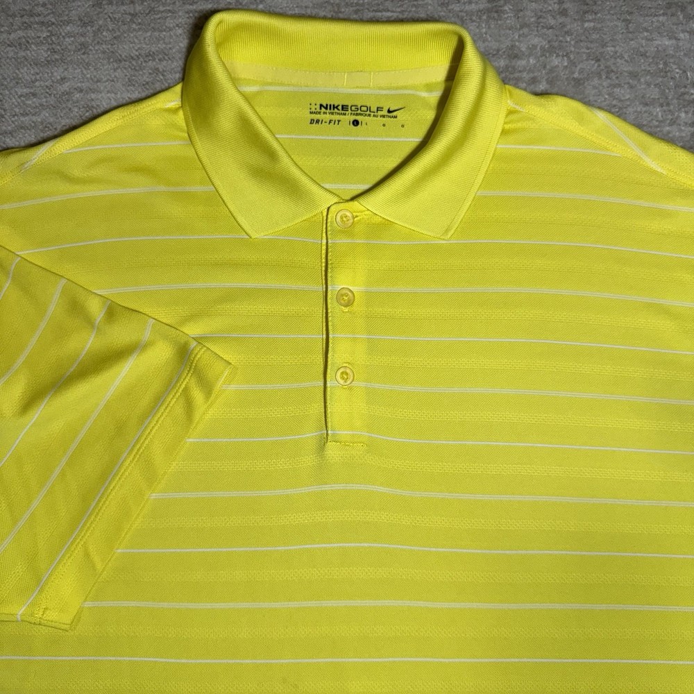 NIKE GOLF DRI FIT TOUR PERFORMANCE Yellow Striped Polyester Polo Swoosh Men L