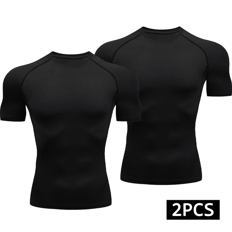 2Pcs Men Compression T Shirt Quick Dry Sportswear Gym Running Workout Top Set gallery
