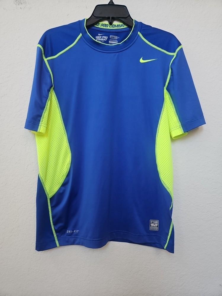 Nike Dri-Fit Pro Combat Fitted Activewear Shirt Men's Size M Royal Blue/Volt