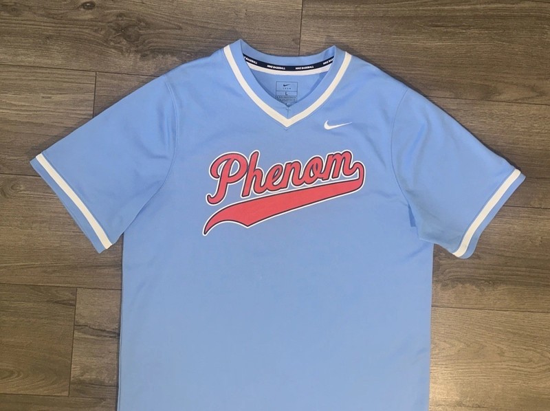 Nike Team “Phenom 23” Graphic Print Baseball Jersey Mens L Large Baby Blue gallery