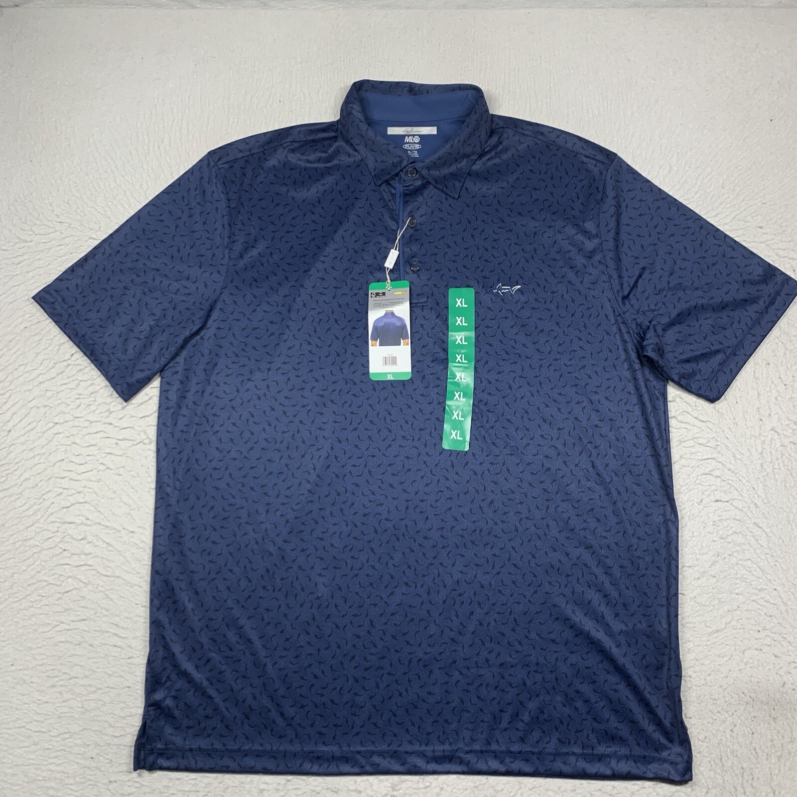 Greg Norman Polo Shirt Mens XL Blue All Over Print Sharks Short Sleeve Play Dry gallery