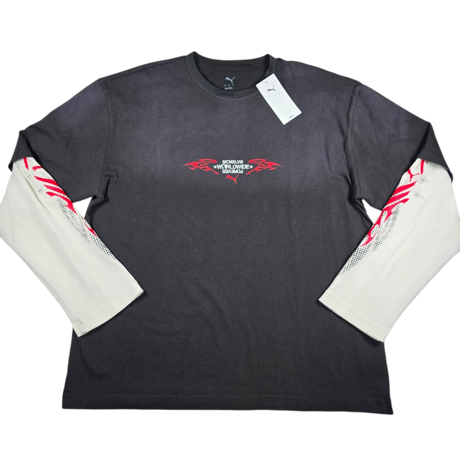 Puma PumaTech X Washed Boxy Black/Red Long Sleeve Crewneck T-Shirt Mens Sz L NWT gallery