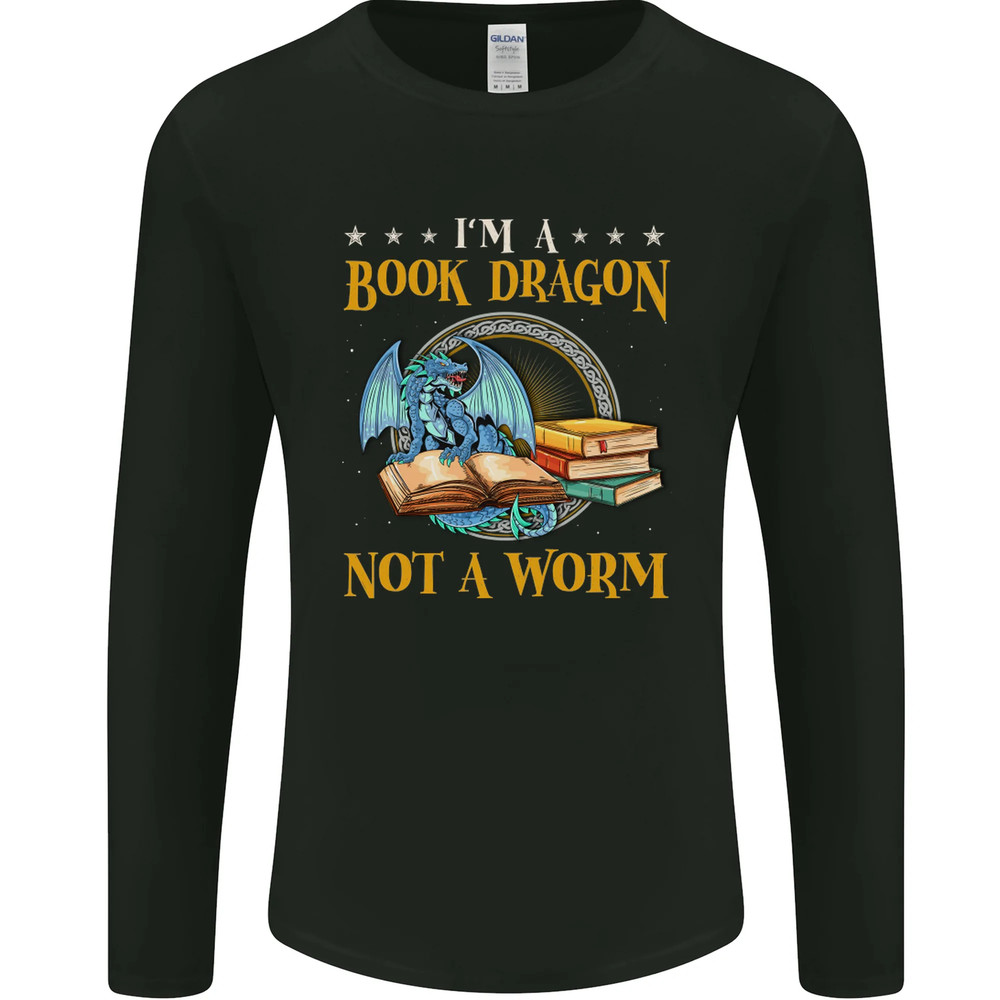 Book Dragon Funny Booklover Reader Worm Mens Long Sleeve T-Shirt