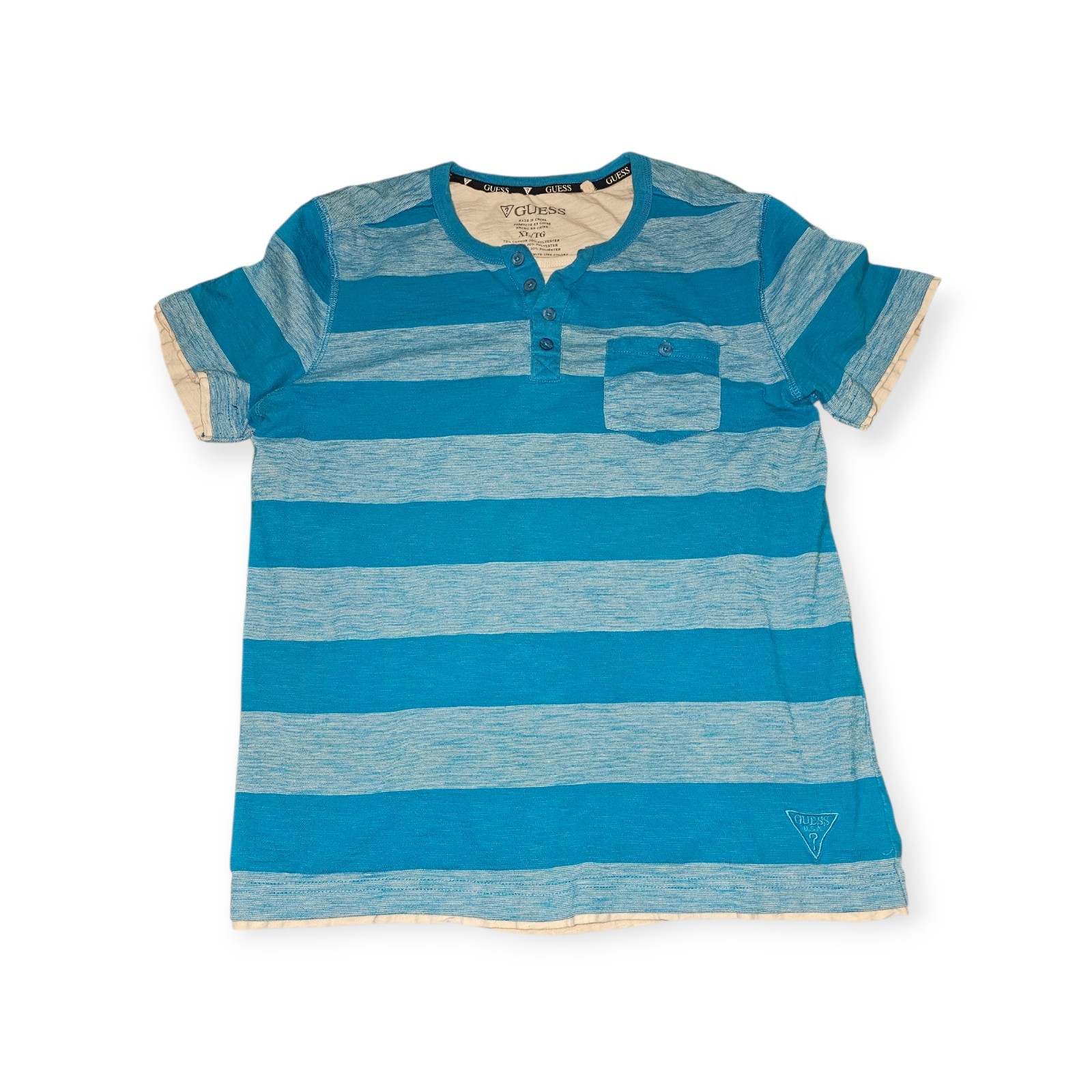 GUESS Shirt Mens Size XL Blue Striped Short Sleeve Henley Cotton Blend 90s Retro gallery