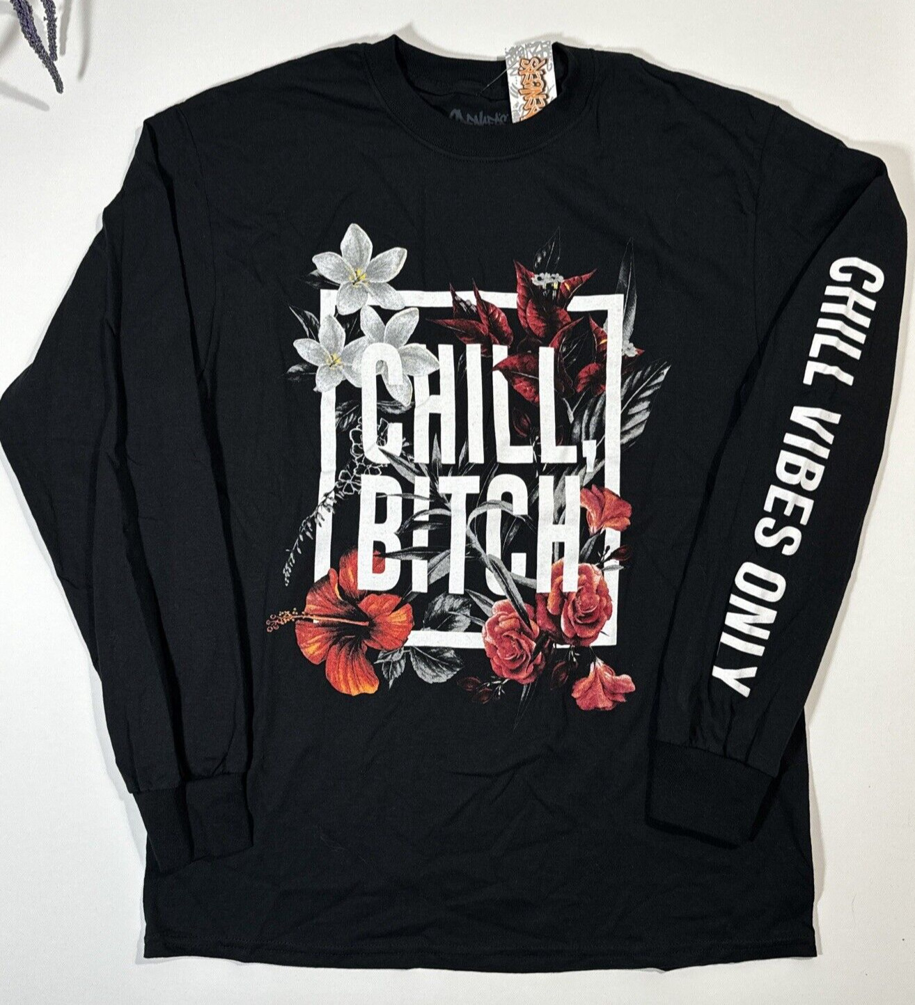 Men Logo Tee T-Shirt Medium M Black Long Sleeve Chill Vibes Only Flowers gallery
