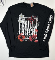 Men Logo Tee T-Shirt Medium M Black Long Sleeve Chill Vibes Only Flowers