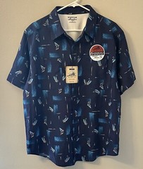 Haggar Adventure Awaits S/S Button Shirt Men’s Large Blue Fishing Lure Print AOP
