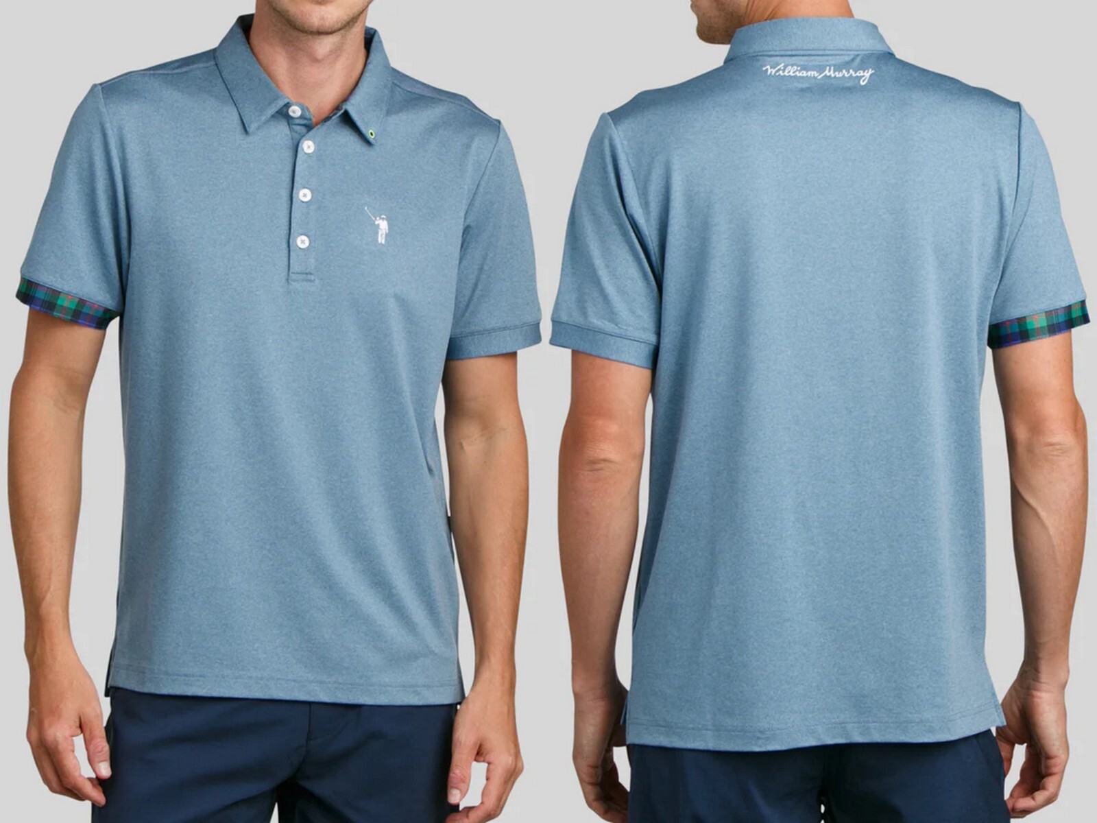 WILLIAM MURRAY GOLF Classic Polo Shirt Water Blue w/tartan trim SS size M gallery