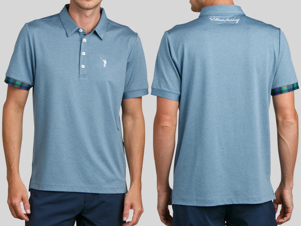 WILLIAM MURRAY GOLF Classic Polo Shirt Water Blue w/tartan trim SS size M