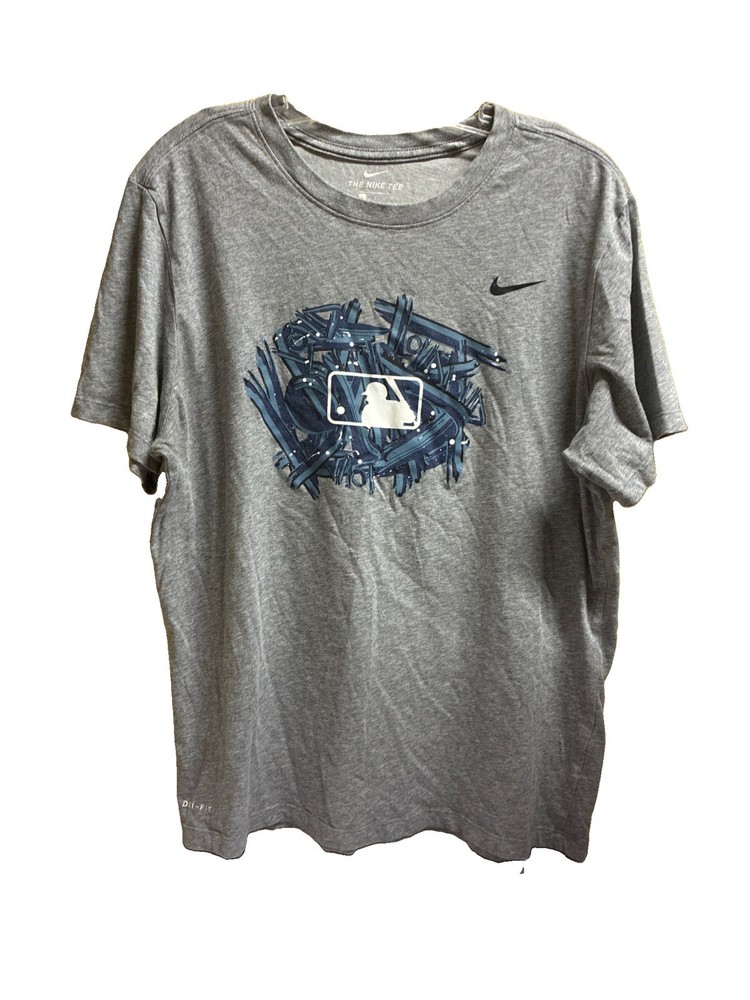 Nike Dri Fit Short Sleeve Grey Tshirt With Blue Brushstrokes And White MLB Logo