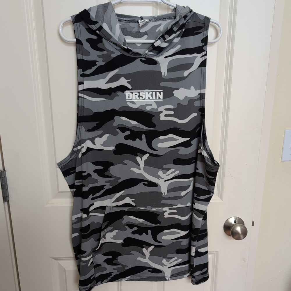 Dr Skin Mens Gray Camouflage Tank Top with Hoodie 2XL, Great Condition!