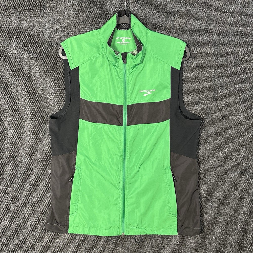 Brooks Shelter Technology Running Vest Mens L Green Full Zip Reflective Vented