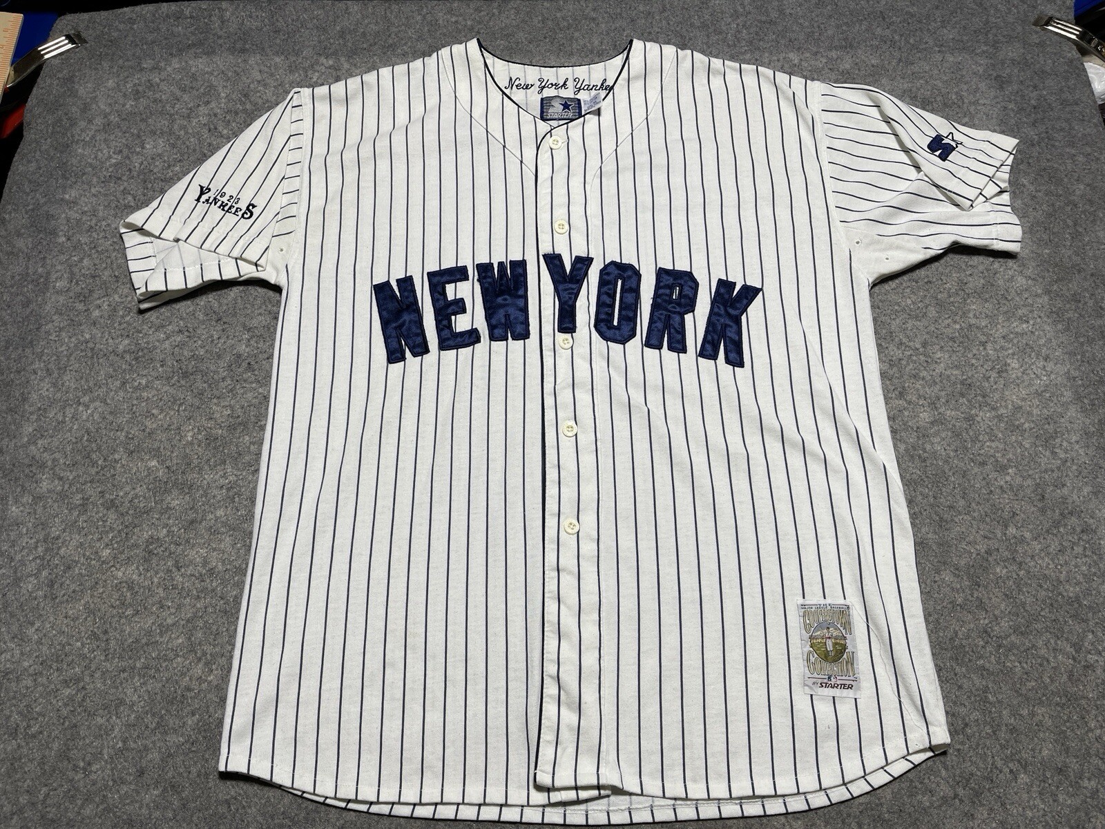 New York Pin Stripes STARTER NY Yankees Cloth Jersey Shirt Stitch Sewn Patch XL gallery