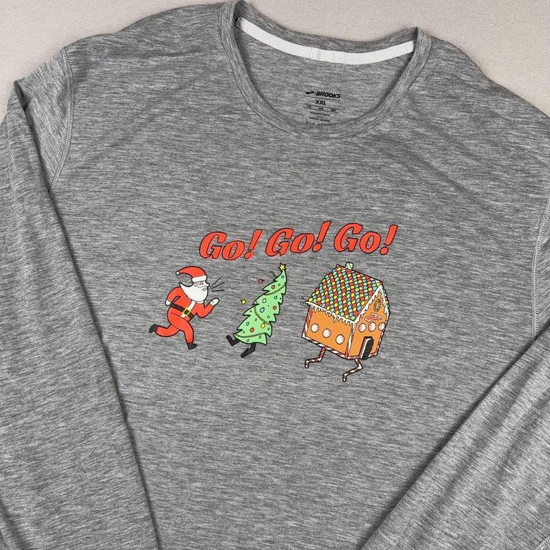 Brooks Shirt Mens 2XL Gray Run Happy Long Sleeve Christmas Santa Tee Graphic gallery