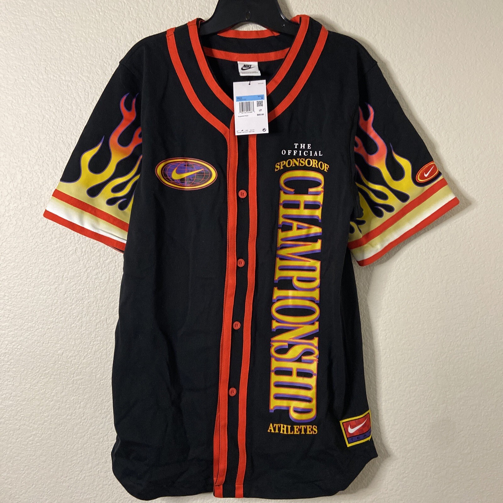 Nike Americana Top Flames Button Shirt Black Orange MSRP $85 DV9642-010 Size M gallery