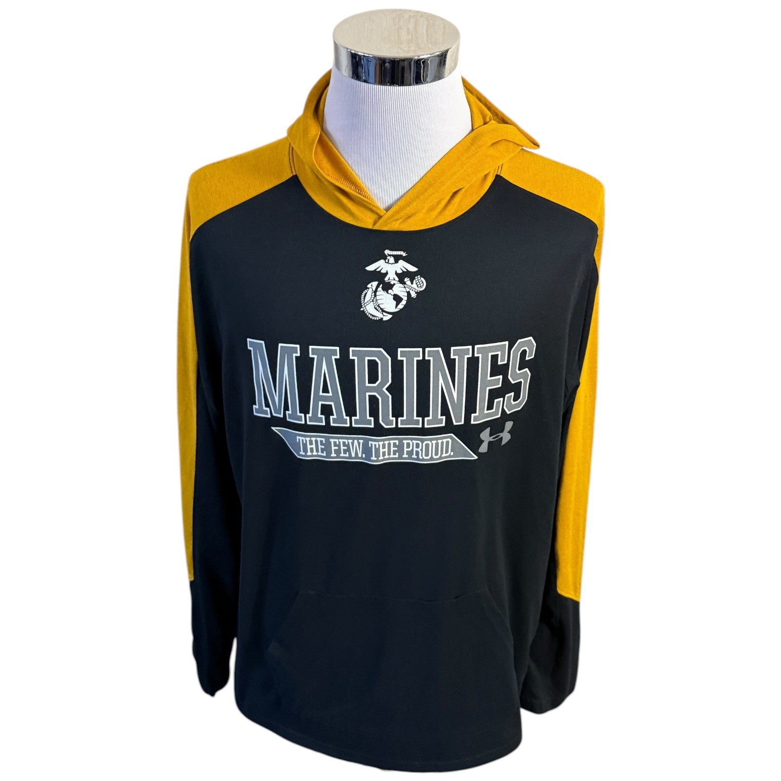 Under Armour USMC Marine Corps Hoodie T-Shirt Mens XL Black Yellow Military gallery